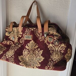 Elegant Tapestry Travel Bag with Tan Accents